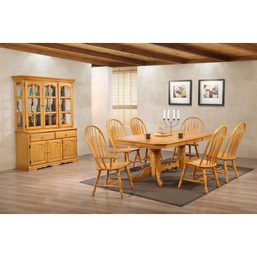 Double Pedestal Trestle Dining Table, Oak Dining Room Set With China Cabinet