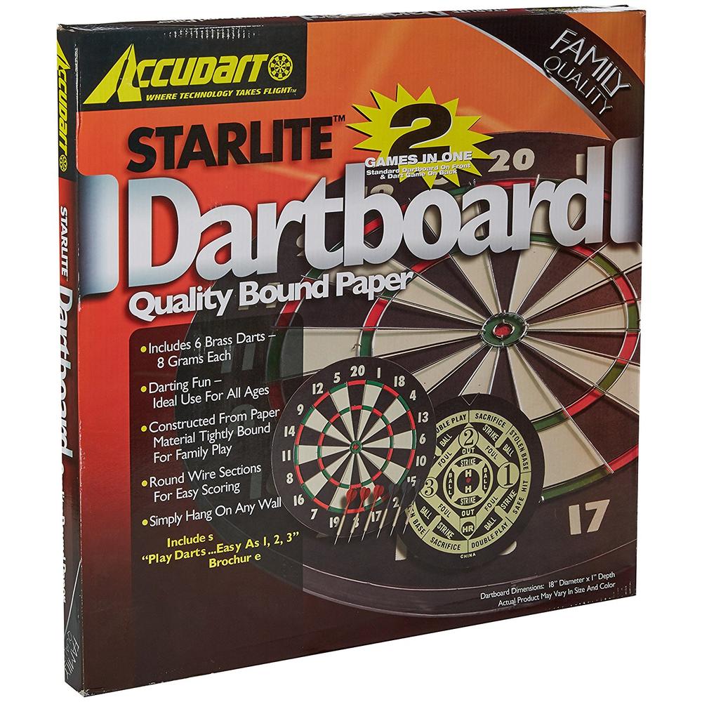 Accudart 2 In 1 Starlite Quality Bound Paper Dartboard Game Set With Six Included Brass Darts
