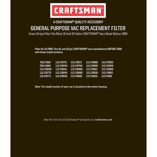 Craftsman 17804 Green Stripe Cartridge Filter for 16 and 32 gallon wet